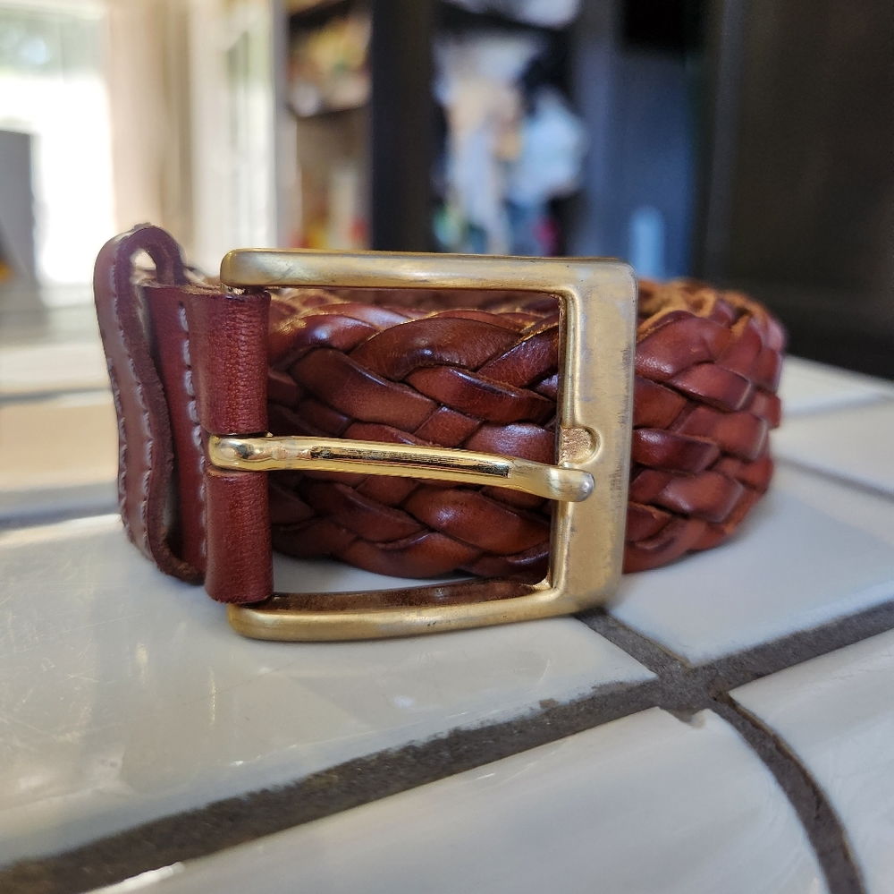 Ermenegildo Zegna Cognac brown braided leather Belt made in Italy